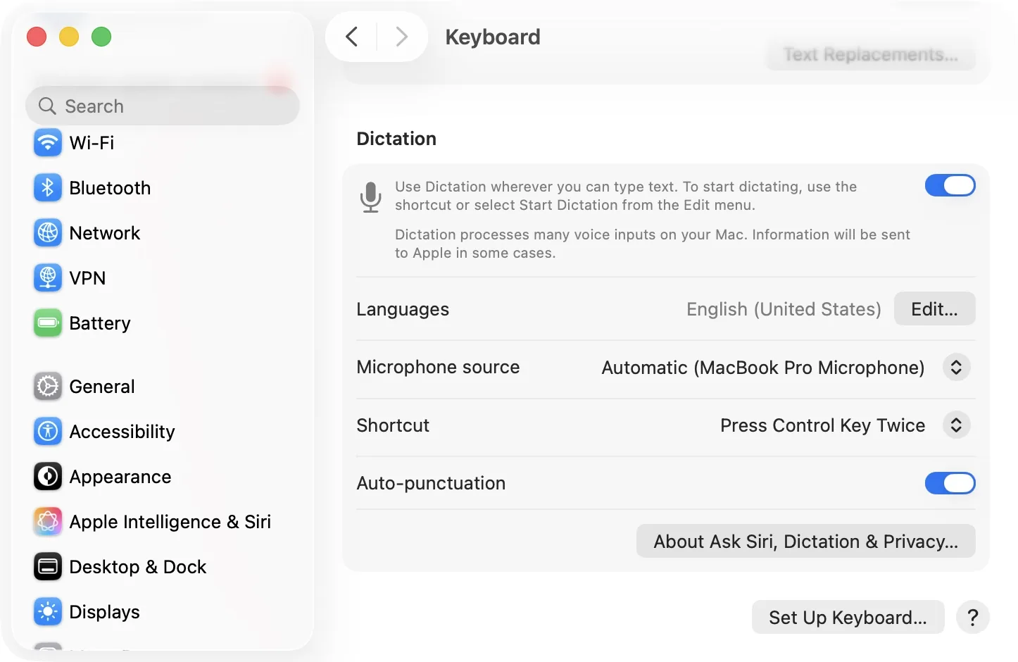 The Dictation section of Keyboard settings on a Mac, with the Dictation switch turned on, Languages set to English (United States) with an Edit button, Microphone source, Shortcut set to Press Control Key Twice, and Auto-punctuation turned on.